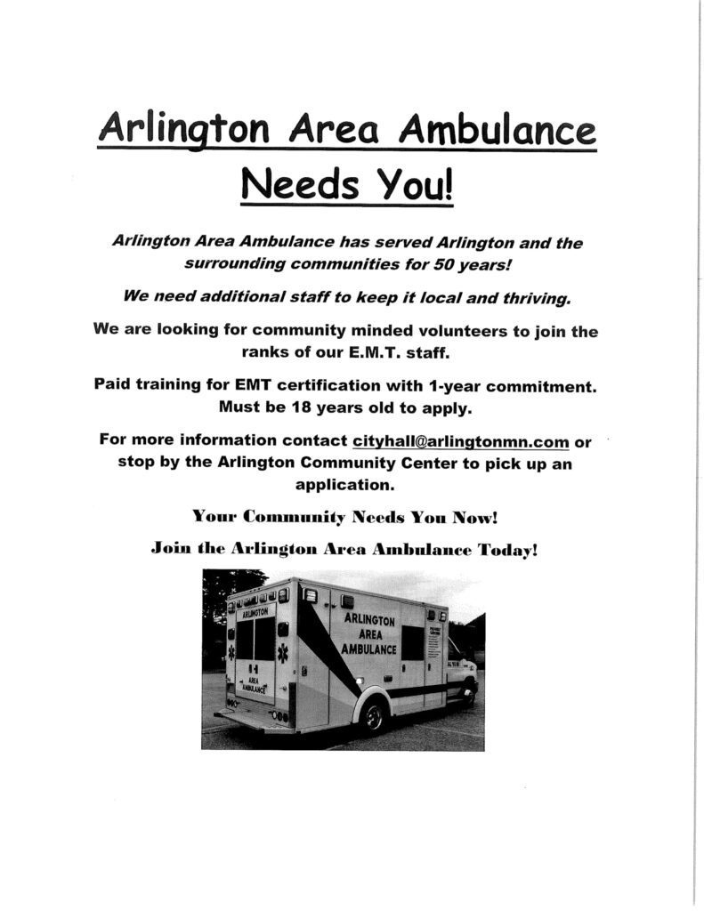 Arlington Area Ambulance Staff Needed City of Green Isle
